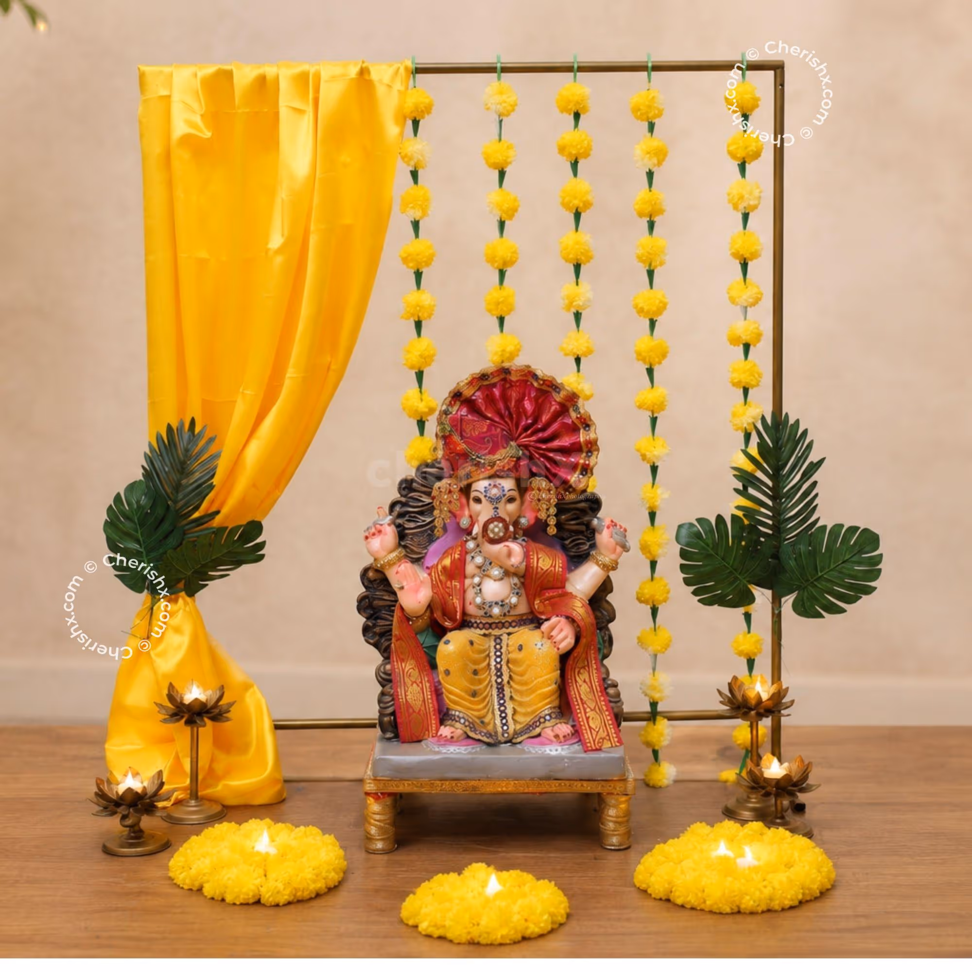 DIY Kit Ganpati Setup with Satin Curtains and Marigolds