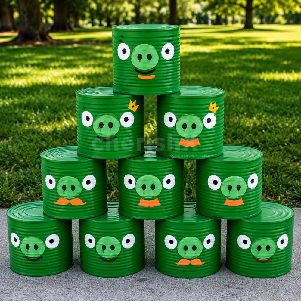 Colourful cartoon face cans are stacked into a fun target tower for Aim & Knock the Funny Cans.