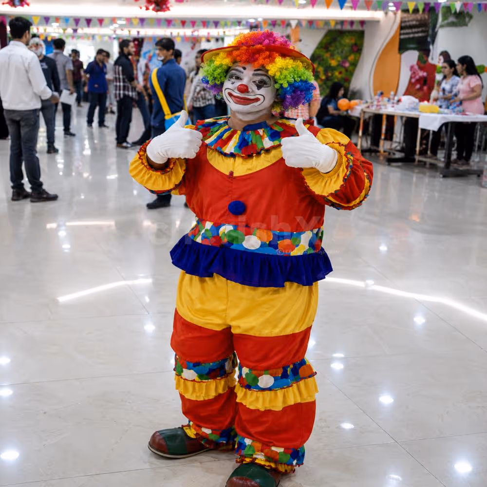 When he or she is dressed in the role of a clown, a colorful entertainer introduces kids to the party.