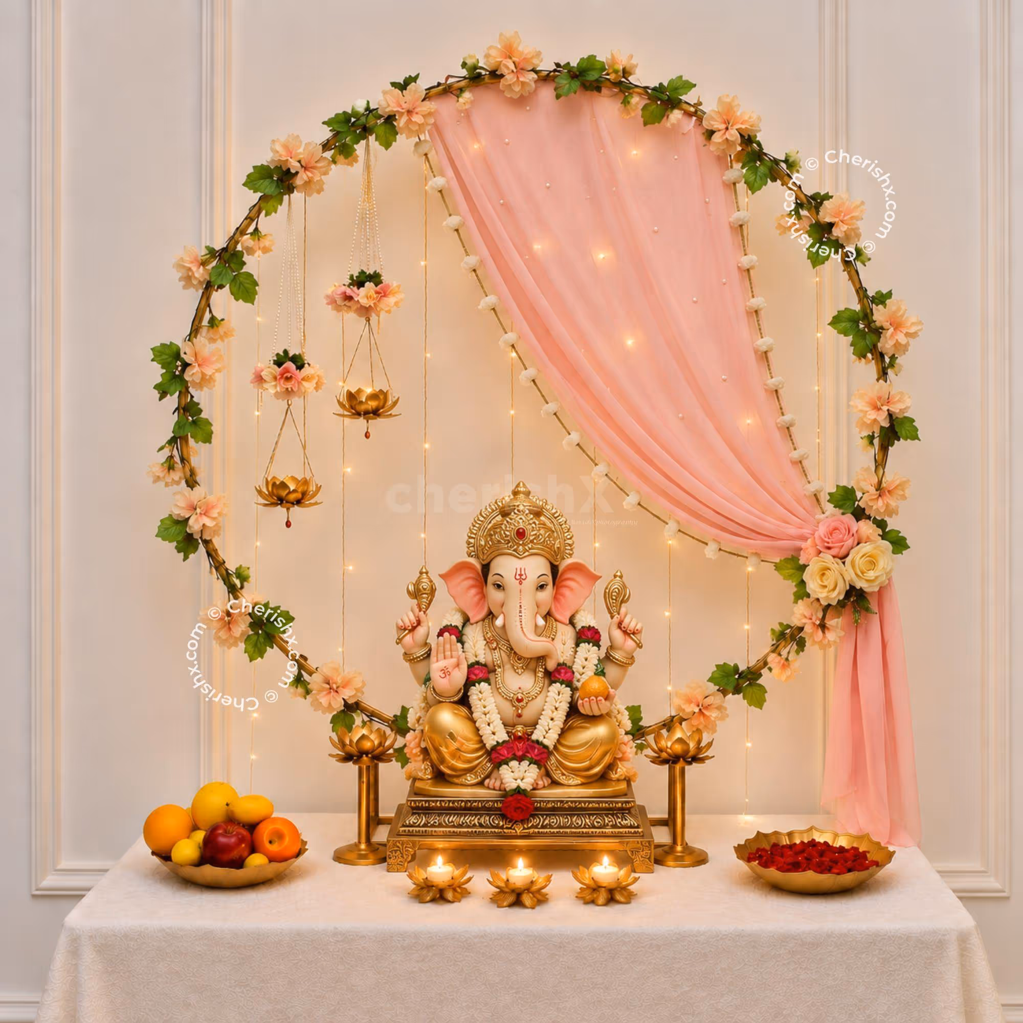 Ganpati idol on an elegant circular gold frame, peach cloth backdrop, with floral designs.