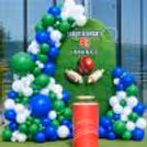 Personalised cricket background with green, blue and white balloon setup as a cricket-themed birthday party decoration.