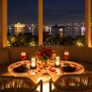 Luxury romantic dinner setup with floral décor, candles, rose petals and city lights in the background.