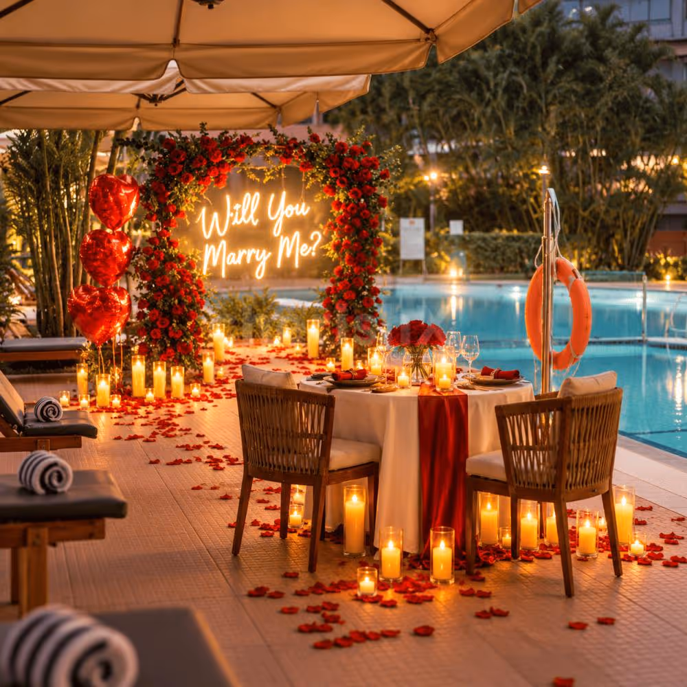 Romantic red roses proposal setup with romantic dinner in bangalore
