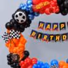 Hot Wheels Birthday Setup for the occasion of a birthday with Happy Birthday Bunting and Racing Wheel Foil Balloons.