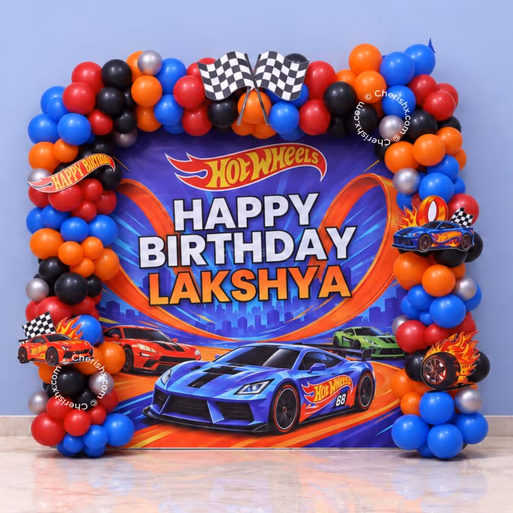 Hot Wheels Power Squad Birthday Decoration With Customized 6x6 Feet Racing Background And Balloon Arch.
