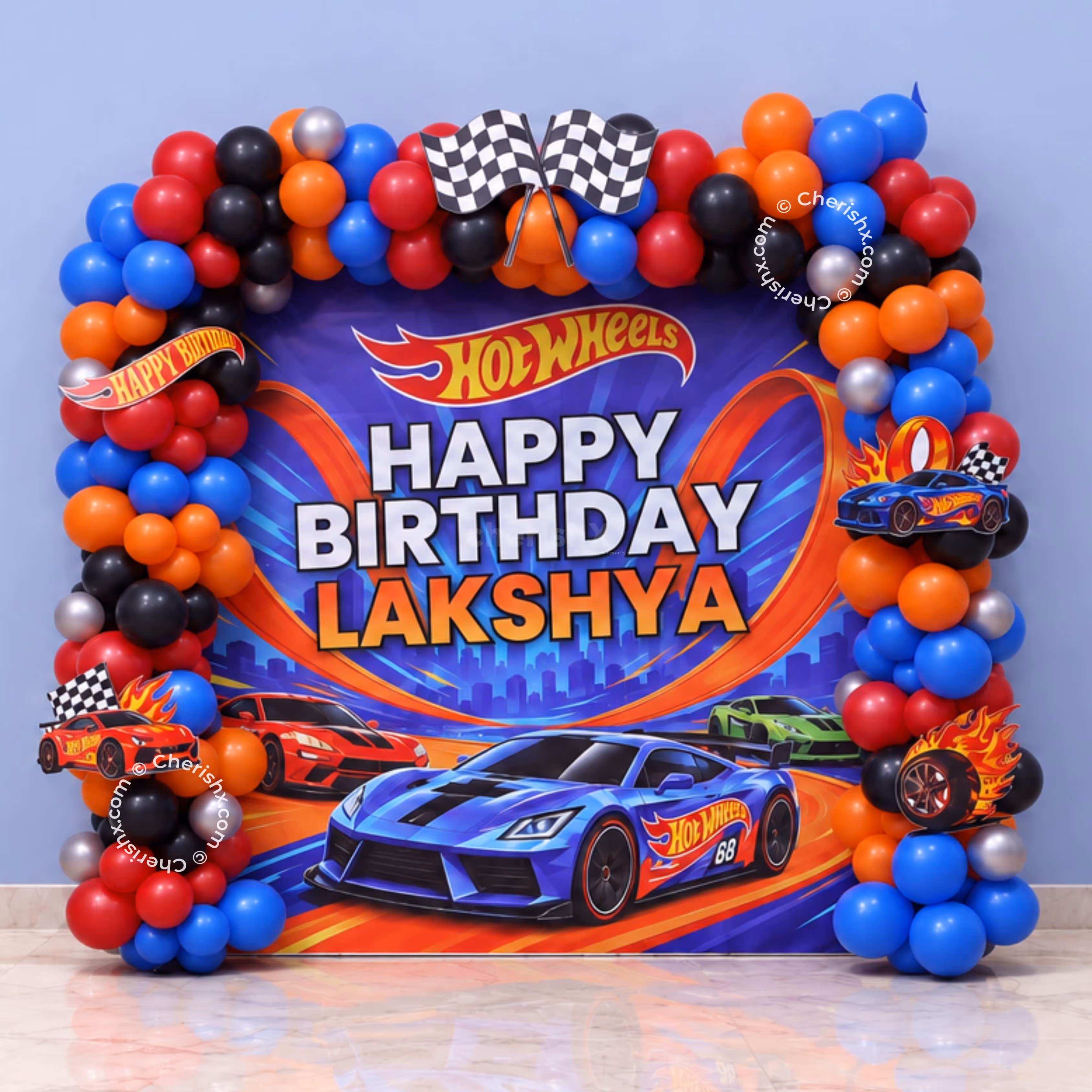 Hot Wheels Power Squad Birthday Decoration With Customized 6x6 Feet Racing Background And Balloon Arch.