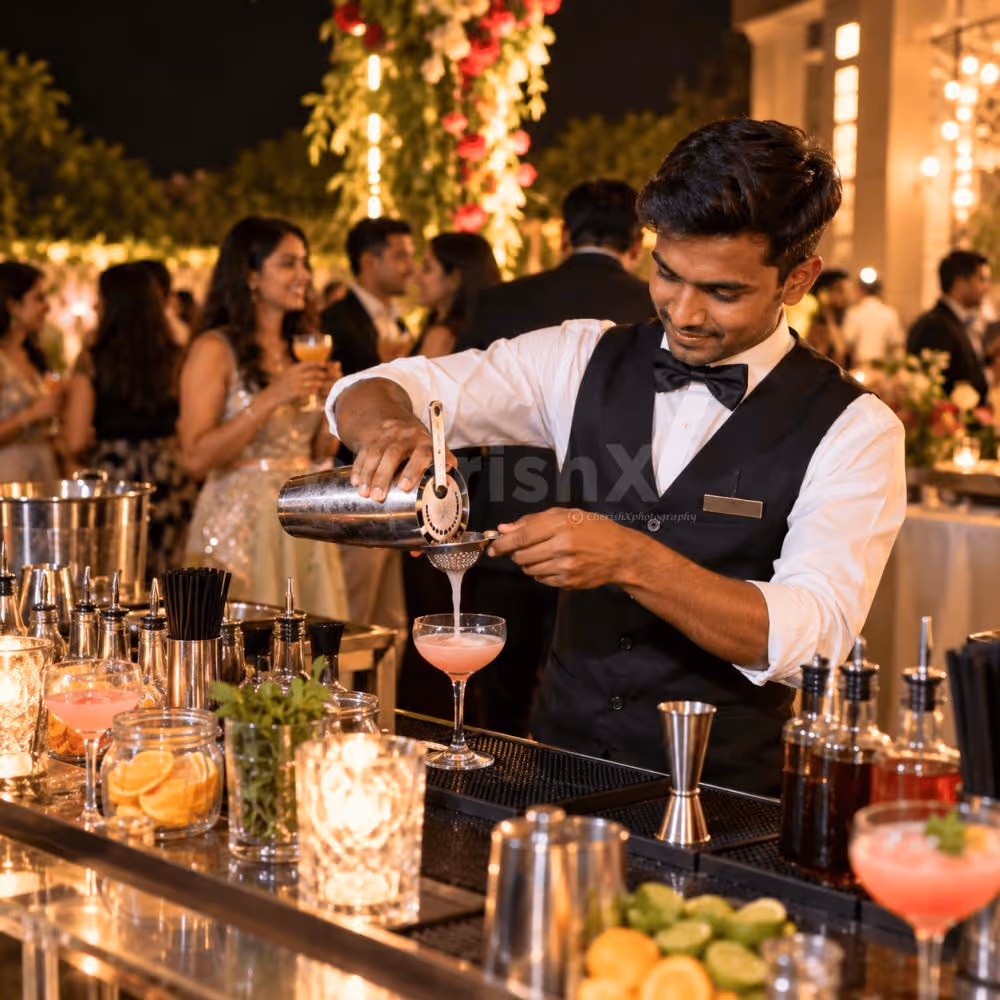 Professional bartender preparing a cocktail at an intimate evening party, wearing a black uniform and using a cocktail shaker and strainer.
