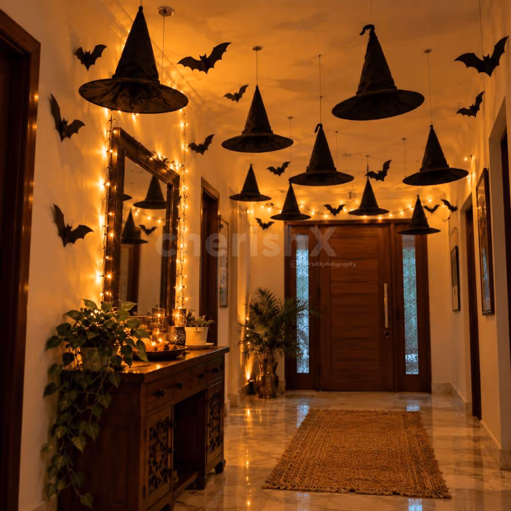 Halloween Floating Witch Hats and Paper Bats Decor for Lobby and Hallway