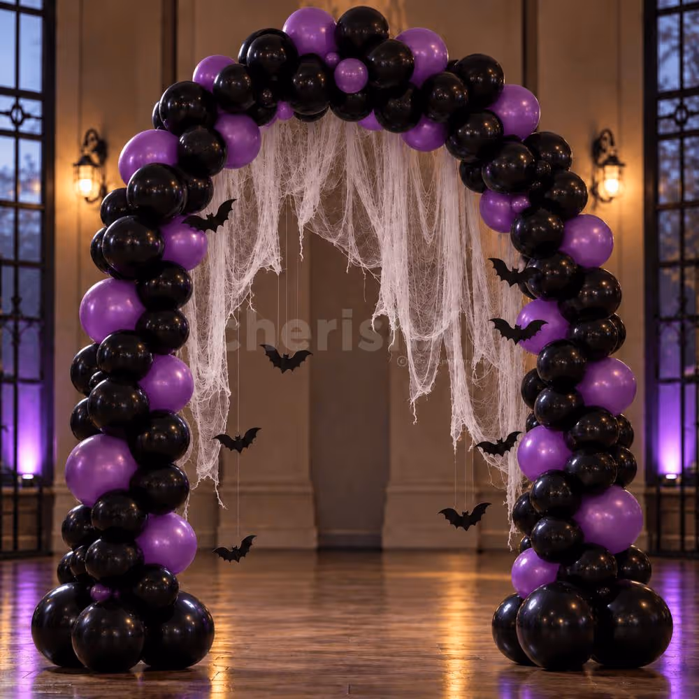Spooky black and purple Halloween entrance balloon arch decoration