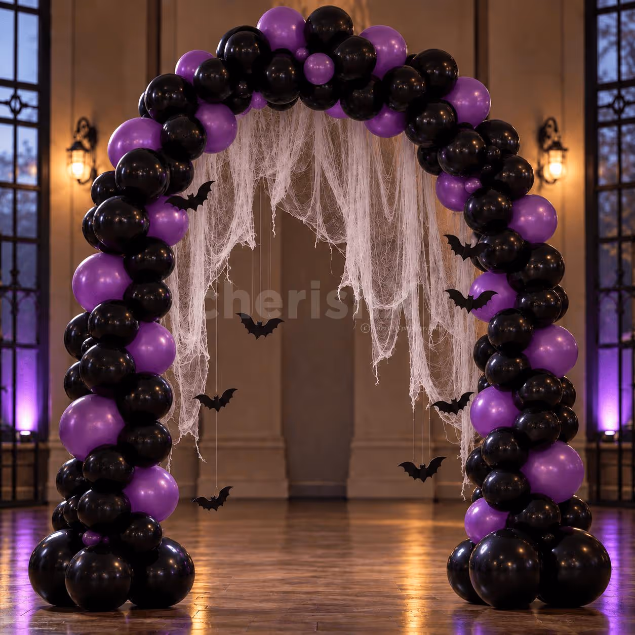 Spooky black and purple Halloween entrance balloon arch decoration