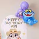 Colorful Zootopia birthday setup with pink, purple and blue balloons