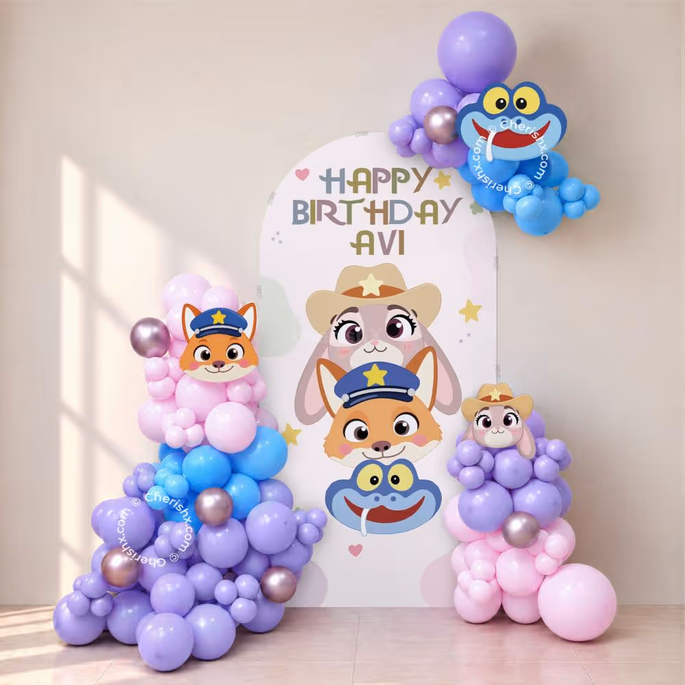 Zootopia pastel balloon arch with customized birthday backdrop