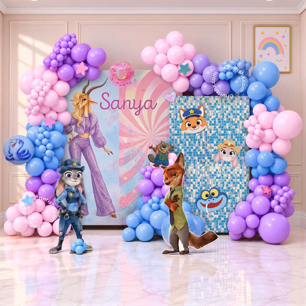 Premium Zootopia birthday backdrop with shimmer panels