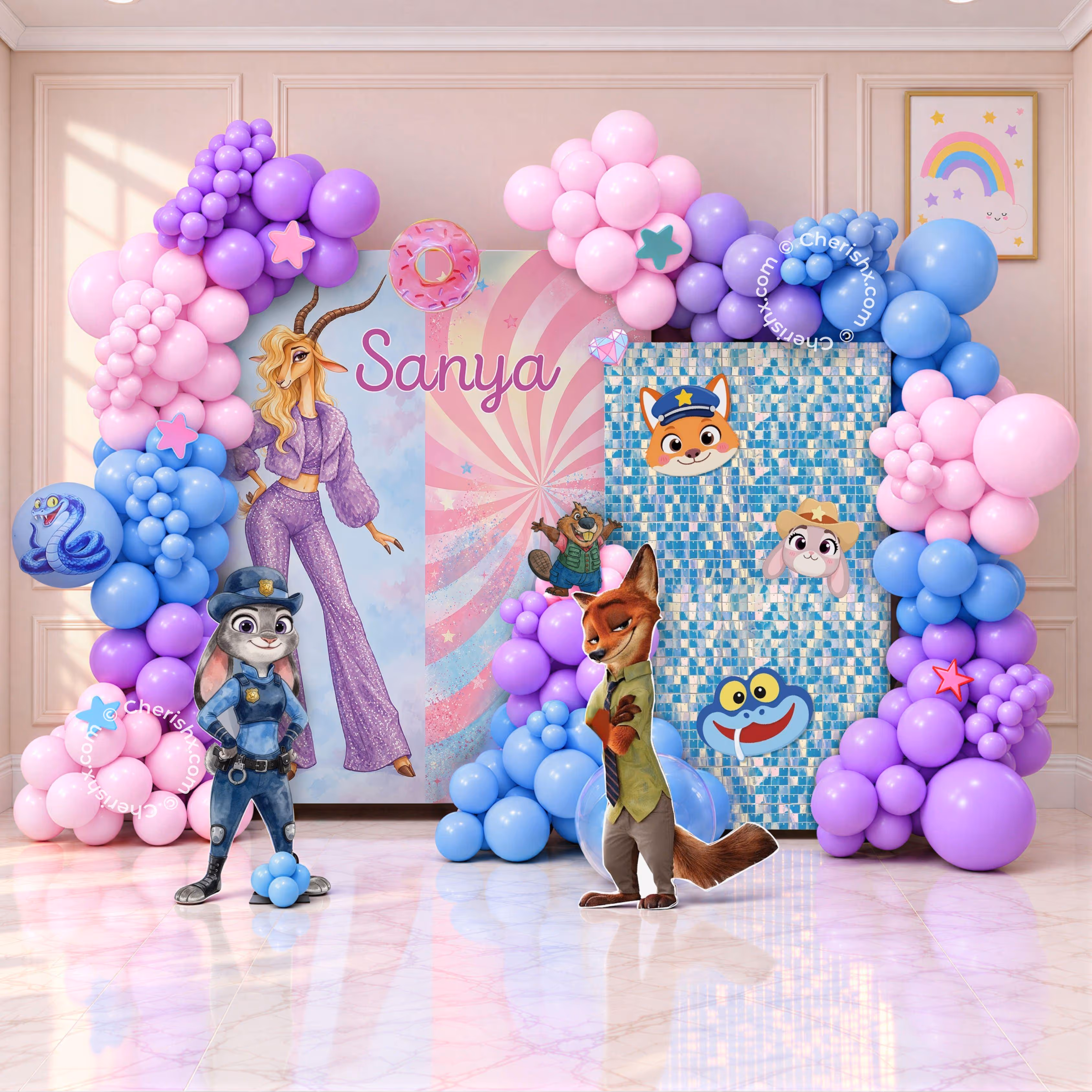 Premium Zootopia birthday backdrop with shimmer panels