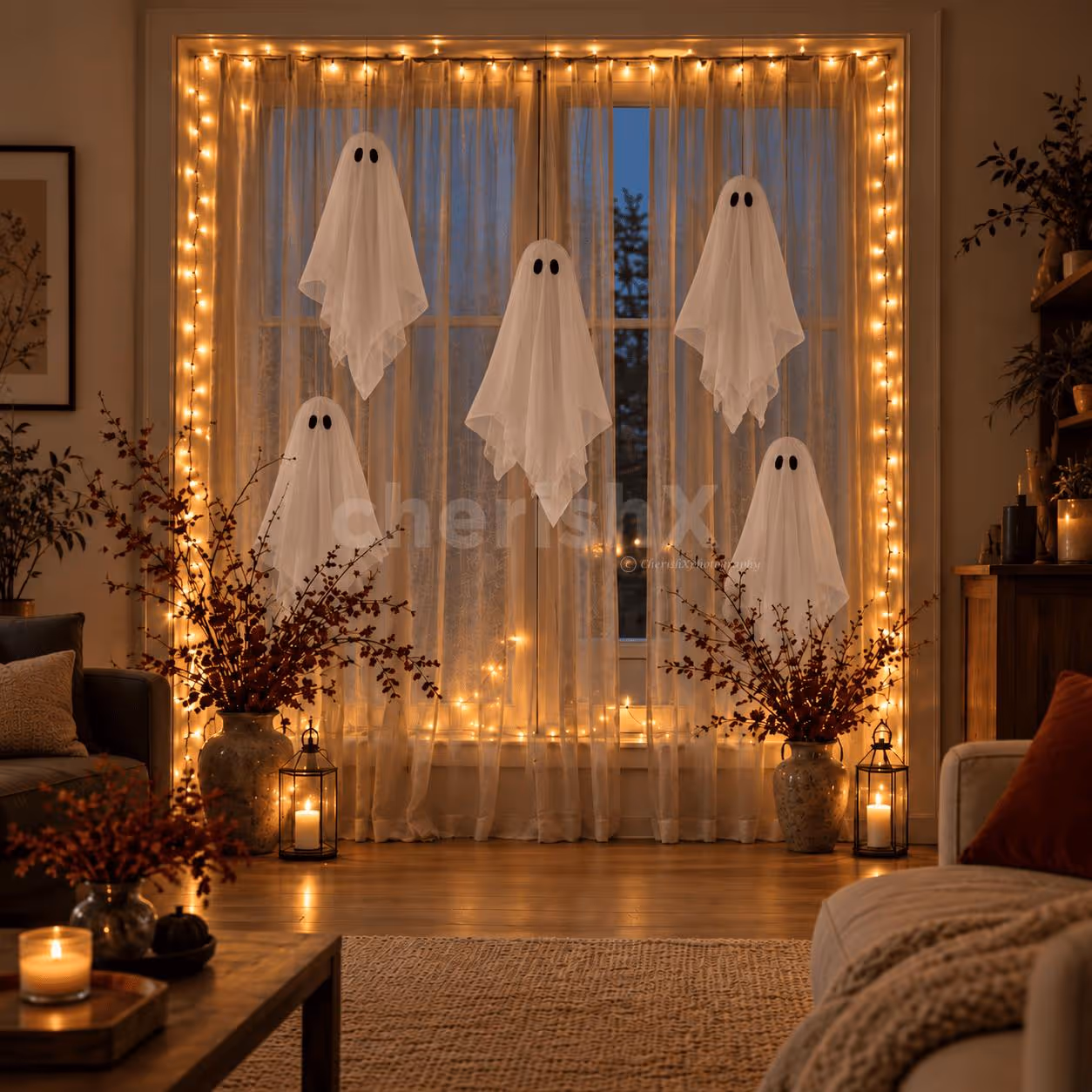 Halloween window and wall decoration with five hanging illuminated ghosts and warm LED string lights by CherishX.