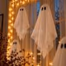 Spooky Glow Halloween window decoration featuring five illuminated hanging ghosts and warm LED fairy lights for an elegant home Halloween setup by CherishX.