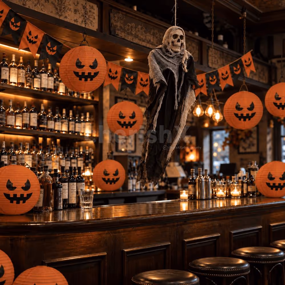 Elegant Halloween décor setup for bar, café and reception counter