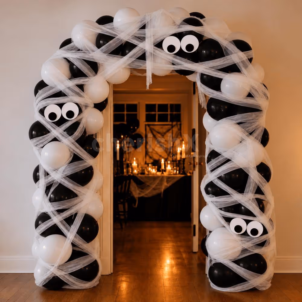 Spooky Halloween mummy entrance balloon arch decoration featuring 200 black and white balloons, white net wrapping and playful paper eyes by CherishX.
