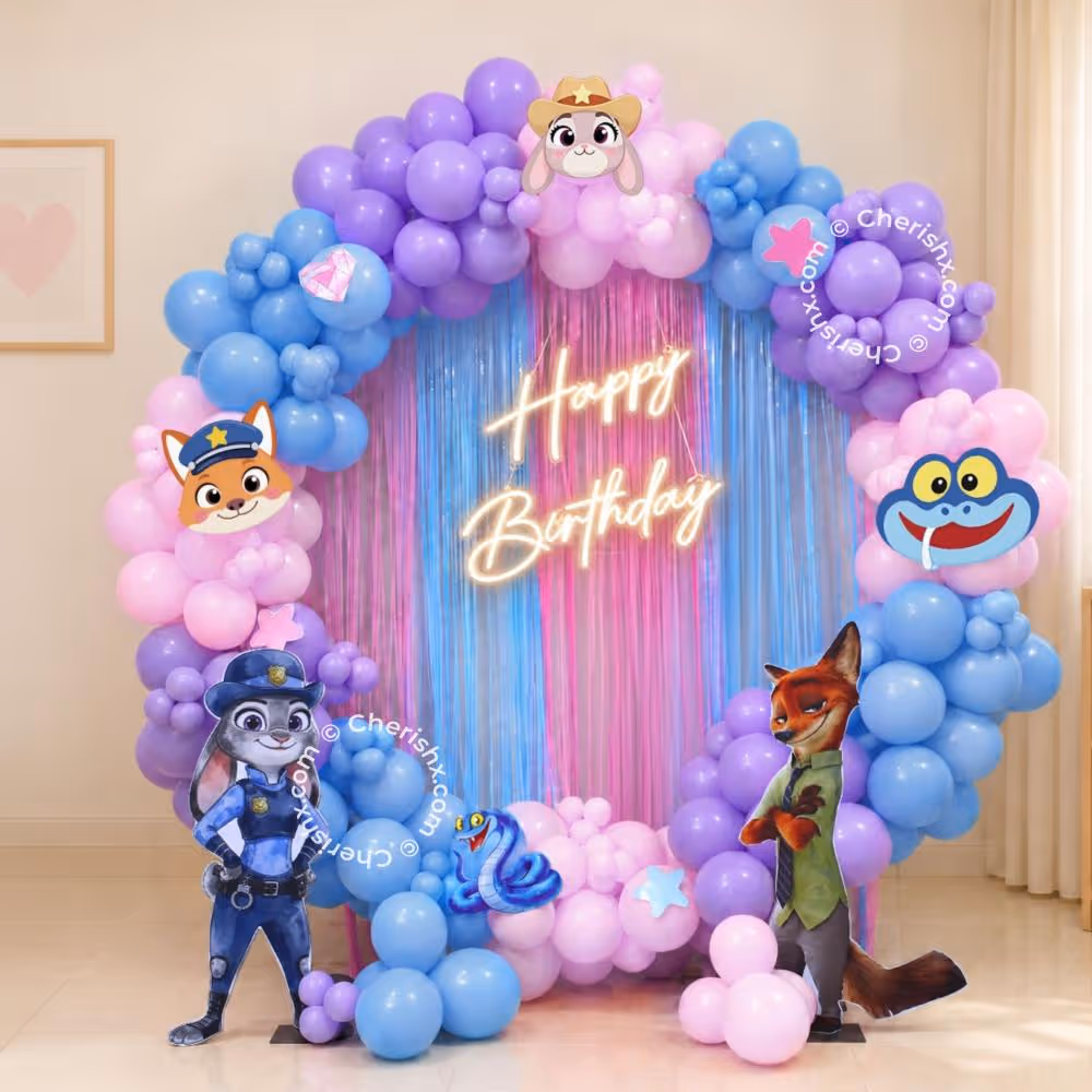 Zootopia Theme Birthday Decoration with Pastel Balloons and Happy Birthday Neon Light.