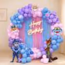 Zootopia Theme Birthday Decoration with Pastel Balloons and Happy Birthday Neon Light.