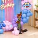 Zootopia Birthday Party Setup with Character Cutouts, Shimmer Curtains and Neon Sign.