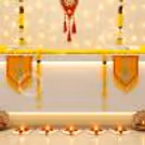Elegant Diwali Office Reception Decoration with Yellow Marigold Garlands.