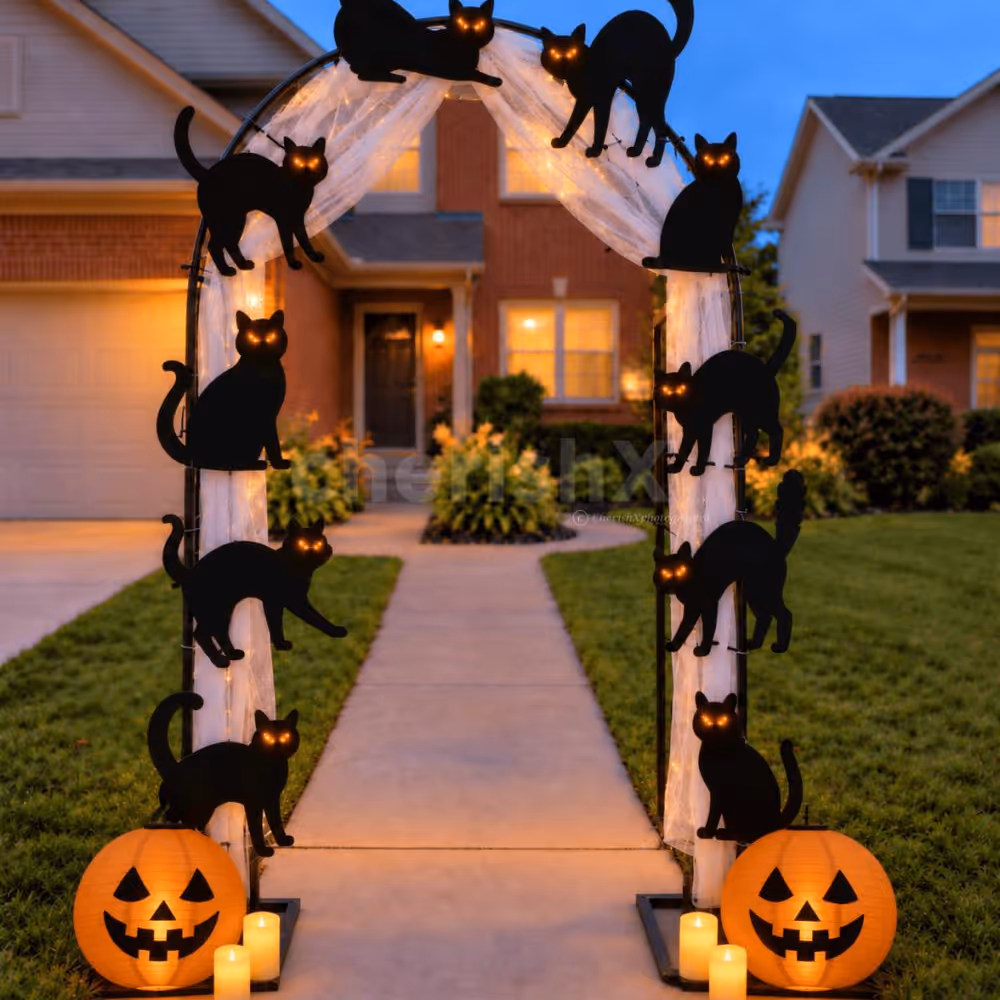 Spooky Black Cat Halloween Entrance Decoration with pumpkin lanterns, LED candles and white net arch setup by CherishX.