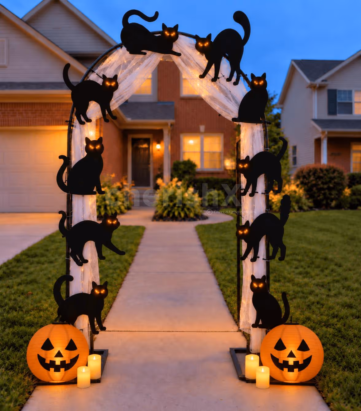 Spooky Black Cat Halloween Entrance Decoration with pumpkin lanterns, LED candles and white net arch setup by CherishX.