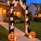 Halloween entrance arch featuring black cat cutouts, glowing pumpkin lanterns and elegant spooky decorations