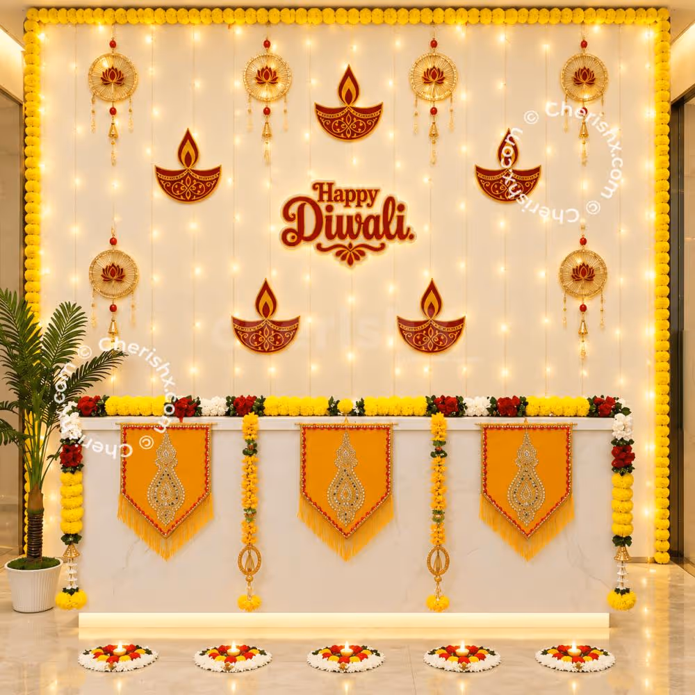 Special Diwali Office Reception Decoration with Warm Fairy Lights and Floral Garlands.