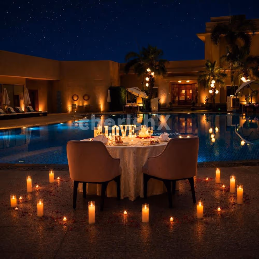 Luxury Karwa Chauth poolside candlelight dinner at The Umrao Hotel.