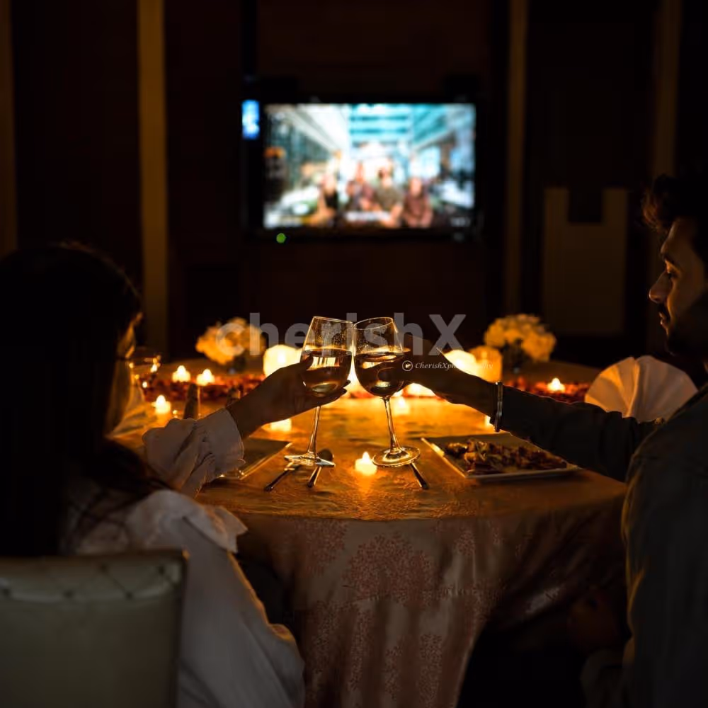 Luxury Karwa Chauth private candlelight dinner and movie experience at The Umrao Hotel.