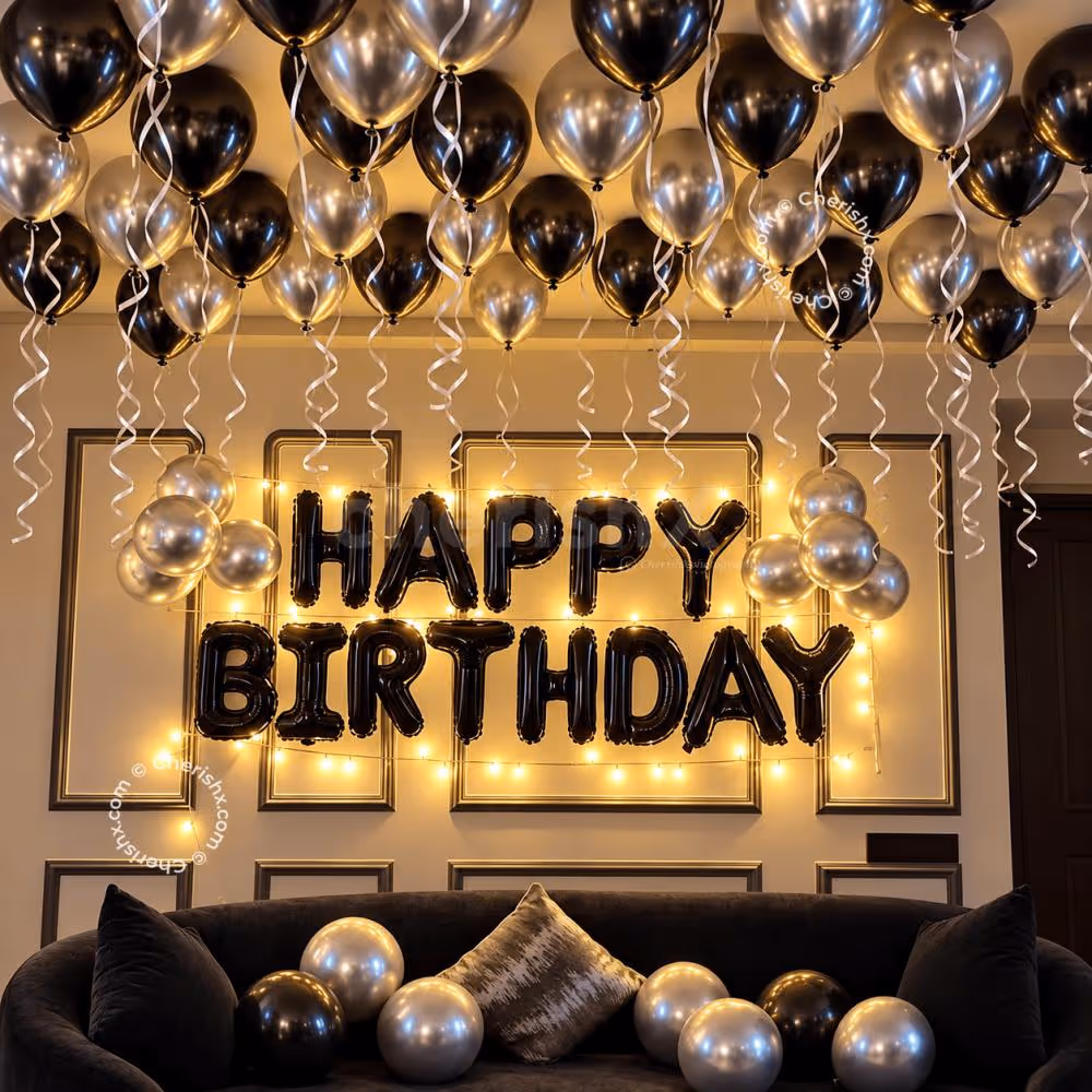Black & Silver Birthday Decor with Ceiling Balloons