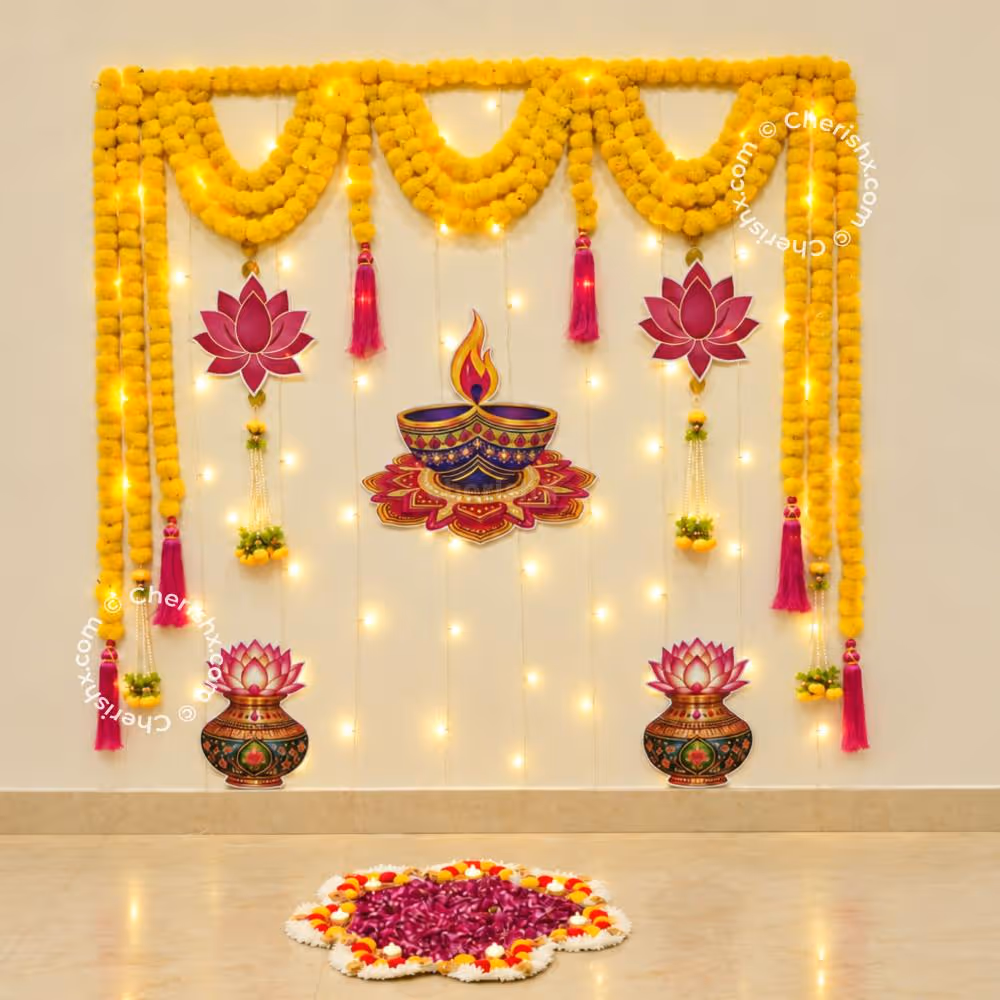 Royal Marigold and Lotus Diwali Office Decoration with Warm White Fairy Lights.