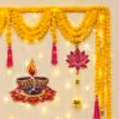 Elegant Corporate Diwali Wall Decoration with Yellow Marigold Garlands and Pink Tassels.