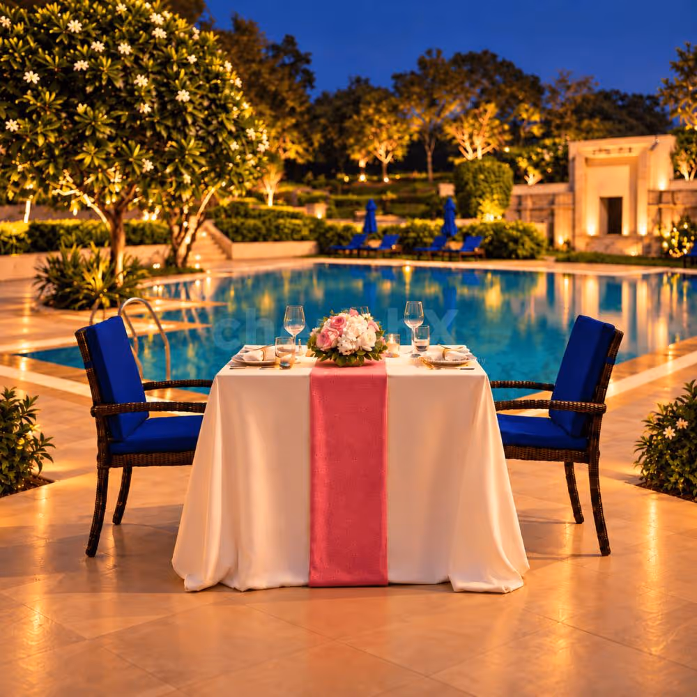 Luxury poolside candlelight dinner for two at The Grand, Vasant Kunj, Delhi, featuring romantic floral décor and an elegant private dining setup.