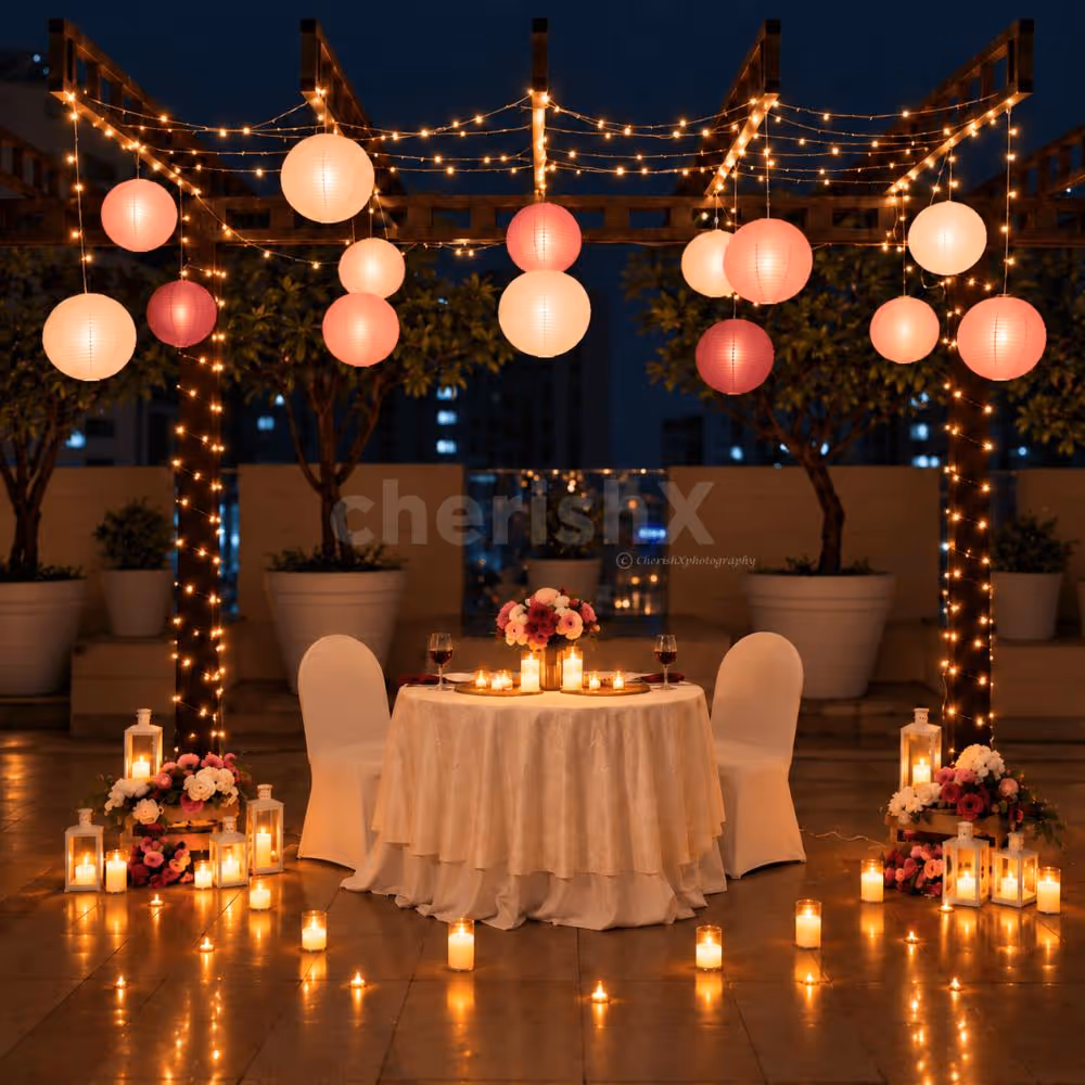 Romantic lantern-lit candlelight dinner setup at Hyatt Centric Janakpuri, Delhi