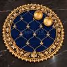 Blue Decorative Festive Thali With Golden Bead Borders, Floral Patterns And Small Thali With Diya Holders.