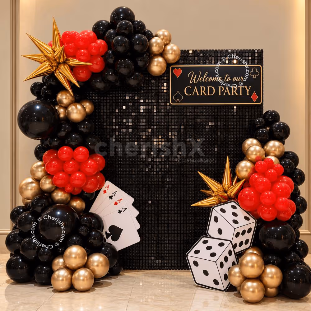 Card Party Balloon Backdrop with Casino Props