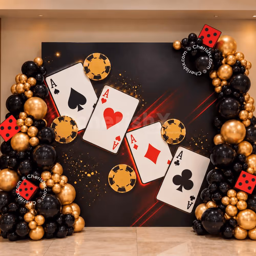Casino Ace Balloon Backdrop with Black & Gold Balloons