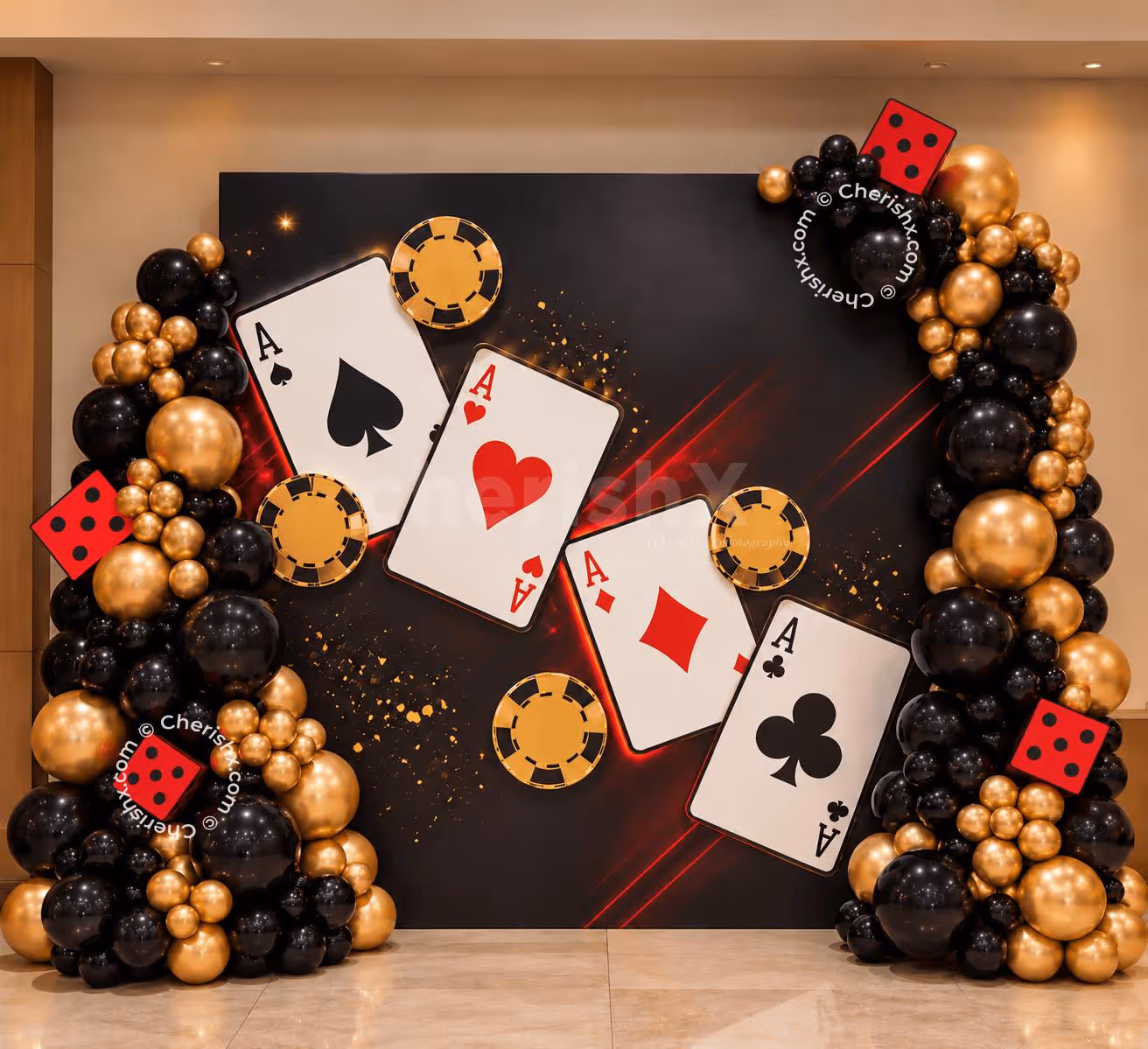 Casino Ace Balloon Backdrop with Black & Gold Balloons