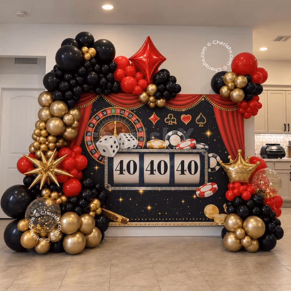 Casino Party Backdrop with Roulette and Playing Card Theme