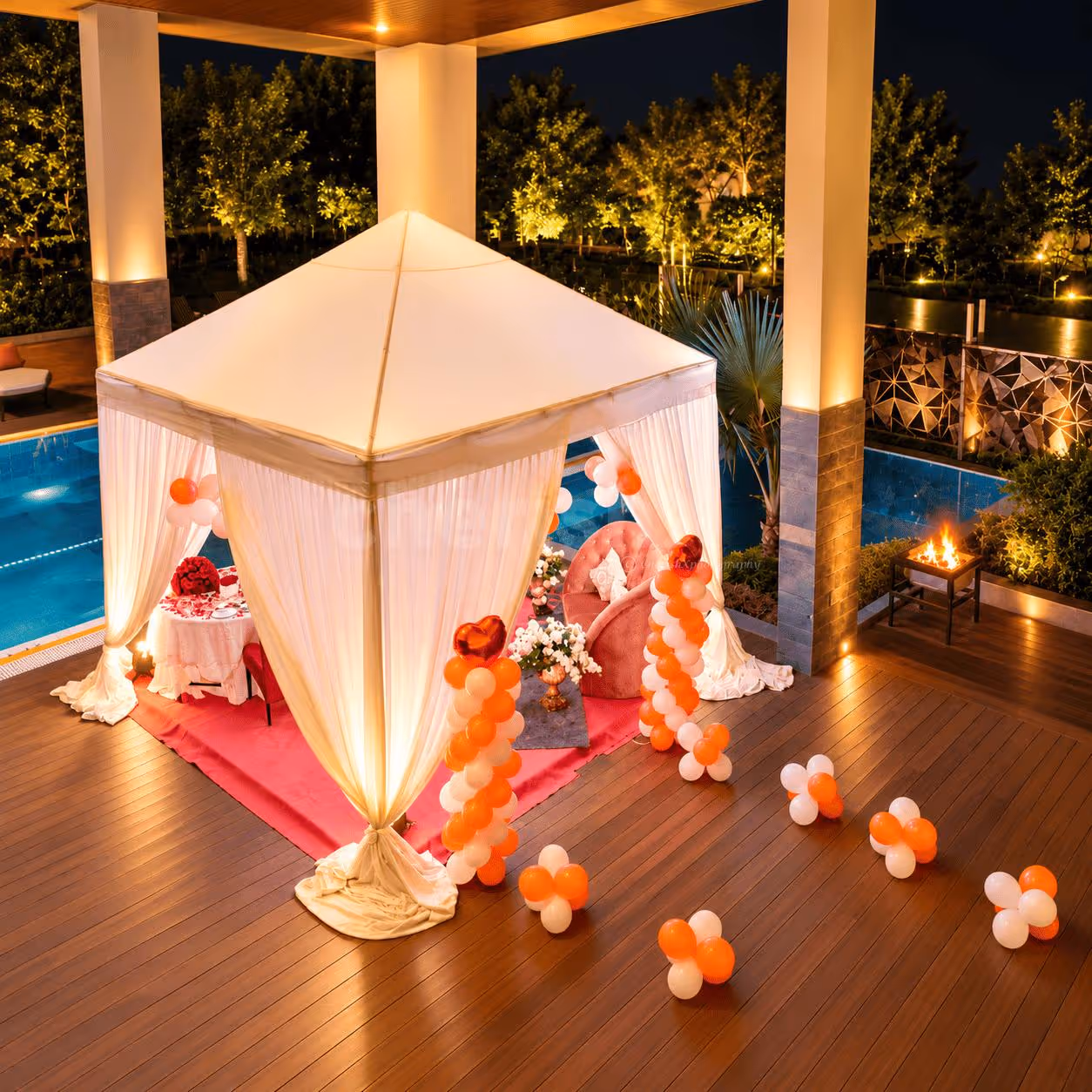 Romantic Poolside Cabana Dining Setup at Taj Dwarka for Karwa Chauth