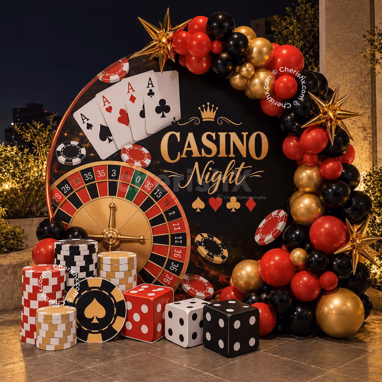 Casino Ring Backdrop with Roulette and Playing Cards