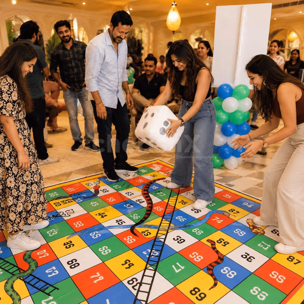 Adults enjoying snakes and ladders at an event