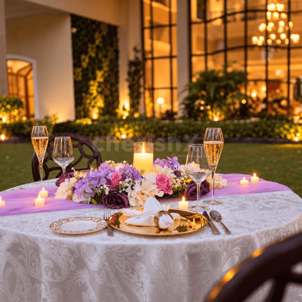 Romantic poolside candlelight dinner setup for couples at Eros Hotels, South Delhi