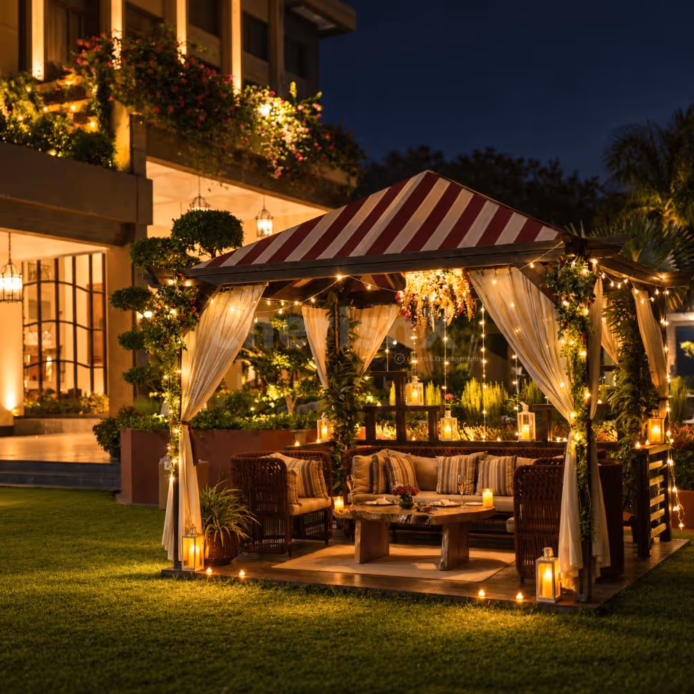 Romantic gazebo dining experience in South Delhi featuring a private table for two and beautiful decorative arrangements.