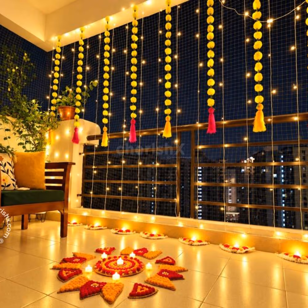 Typical Diwali Balcony Decor with Yellow Bud garlands, warm Fairy lights, and designer Rangoli