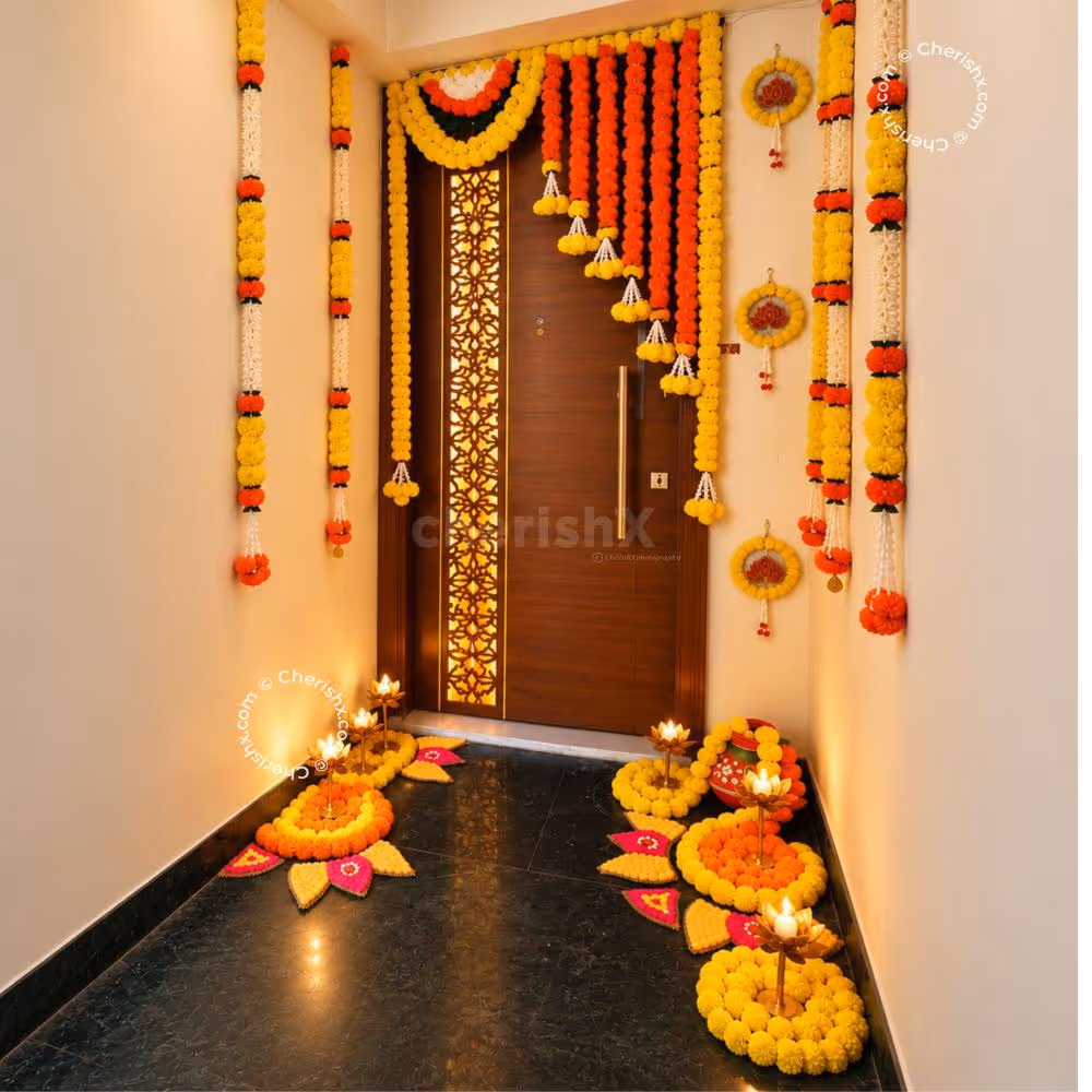 Diwali Entrance Decoration using Marigold Flower Toran & Traditional Mud Pot Decor