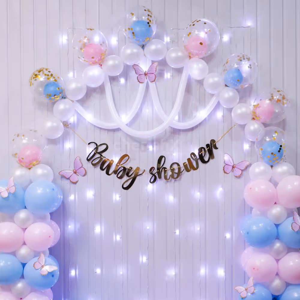 Baby shower full of lovely pastels lights and a soft flex